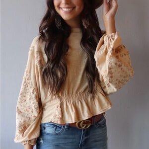Free People Beige Floral Peasant Patchwork Throwback Bohemian blouse small